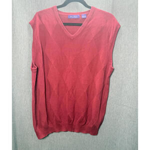 Alan Flusser Men's XL‎ Sweater Vest  Pullover Knit V-Neck Cotton Red Diamond